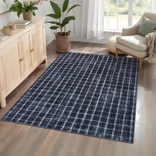 Ebern Designs Machine Washable Rug Modern Plaid Rug Soft Area Rug Non Slip Soft Thin Rug Low Pile Foldable Rug for Living Room, Bedroom, Dining Room & Reviews | Wayfair