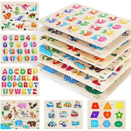 GRINNNIE Wooden Peg Puzzle for Toddlers, 6 Pack Toddler Puzzles Set for 3 4 5 Years Old (Alphabet Number Shape Animal Dinosaur Vehicle), Preschool Education Learning Puzzle Toys for Girls and Boys