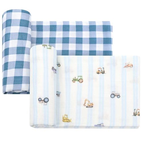 LifeTree Baby Swaddle Blankets, Boys Girls Muslin Swaddling Wrap Receiving Blanket for Newborn, 70% Viscose from Bamboo and 30% Cotton, Large 47" x 47", Car and Checkered