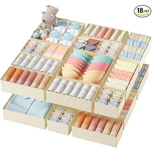 DIMJ Drawer Organizer Clothes, 18 Pack Dresser Organizer, Foldable Closet Organizers and Storage, Fabric Dresser Bins, Drawer Dividers for Nursery, Baby Clothes, Underwears, Sock (Beige)