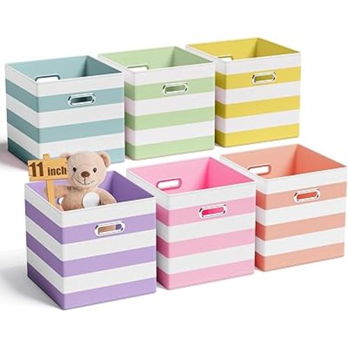 6 Pcs 11 Inch Fabric Storage Cubes with Metal Handle Back to School Classroom Supplies Macaron Colored Striped Style Collapsible Bins Organizer for School Nursery Shelves Clothes Gift