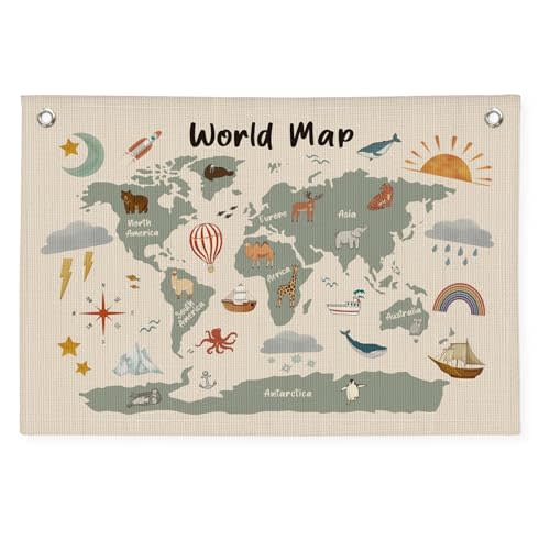 Wheatwin World Maps for Wall, Kids World Map, World Map Bannr for Kids, Cute Animal World Map Educational Tapestry Wall Hanging Banner Flag Decor for Kids Room Classroom Playroom