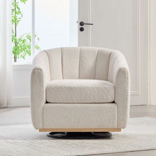 Hrinhom 31.9"W 360°Chenille Swivel Chair,Tufted Pumpkin-Shape Armchair-Ivory