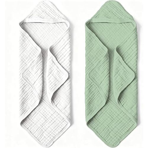 Organic Muslin Hooded Baby Bath Towels - 2 Pack 100% Organic Cotton Towel for Babies, Infants, Toddlers - 32x32Inch - Highly Absorbent and Newborn Essential(Grey Green)