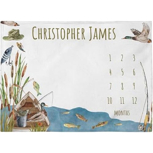Personalized Fishing Boat Milestone Blanket, Custom Baby Boy Month Blanket, Duck Nursery Custom Age Growth Newborn Tracker New Mom