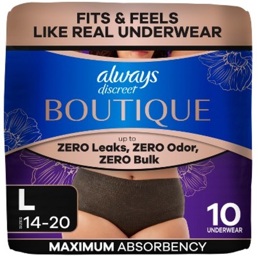 Always Discreet Boutique Adult Postpartum Incontinence Underwear for Women - Black - Large - 10ct