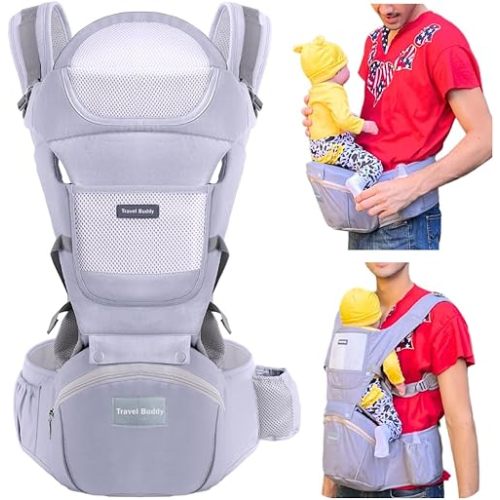 Travel Buddy Baby Carrier | 4-in-1 with Hip Seat and Sling | Adjustable Size for Dad & Mom | Back & Lumbar Support | Ergonomic M Position Develops Healthy HIPS | 3-44lbs Newborn & Toddler Carrier