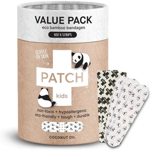 PATCH 100 Pieces, Coconut Oil, Value Pack, Kids Panda Eco-Friendly Bamboo Adhesive Bandages for Scratches & Grazes, Hypoallergenic Wound Care for Sensitive Skin, Biodegradable, Latex & Plastic Free