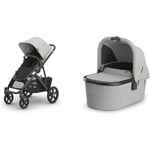 UPPAbaby Vista V3 Stroller + Bassinet V3 - Convertible Single-to-Double Stroller System- Bassinet, Toddler Seat, Bug Shield, Rain Shield Included - Savannah (Pearl Gray/Carbon Frame/Chestnut Leather)