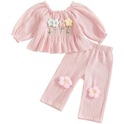 Toddler Baby Girl Outfits Infant Puff Sleeve Smocked Floral Tops Pants Cute Kids Girls Fall Winter Clothes Set