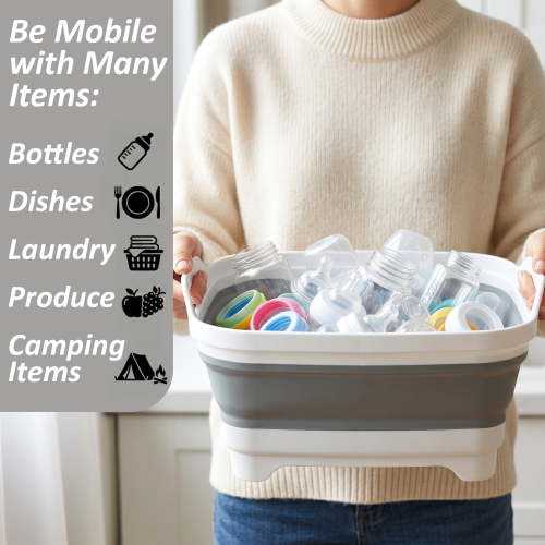 2 Pack, Collapsible Wash Basin with Drain Plug, 2.5 Gal Portable Sink for Baby Bottles, Dishes & Camping, Foldable Dish Tub, Collapsible Dish Basin Pan for Kitchen, RV & Travel - Gray & Olive Green