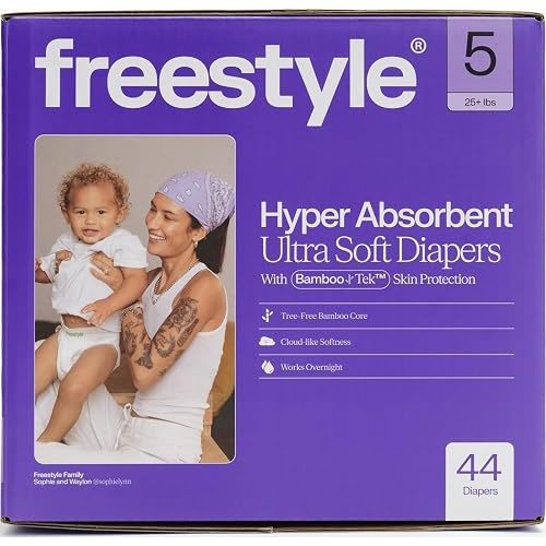 Freestyle BambooTek Diaper – (Size 5) Hyper Absorbent & Non-Toxic – Disposable Diaper for Sensitive Skin – Ultra Soft Diaper's (25+ lbs) – 44 Count