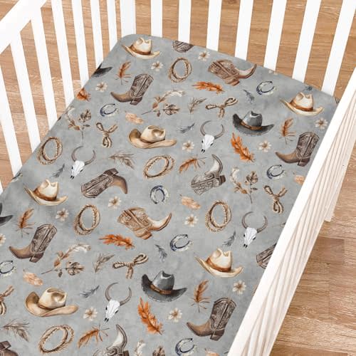 Cowboy Life Baby Crib Sheets for Boy Girl 52"x28" Retro Cowboy Hats Boots Horse Cow Skull Soft Breathable Crib Mattress Covers Country Western Baby Sheet for Standard Crib and Toddler Bed Mattresses
