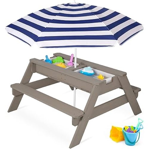 Best Choice Products Kids 3-in-1 Sand & Water Table, Wood Outdoor Convertible Picnic Table w/Umbrella, 2 Trays, Removable Top, 220lb Capacity Per Bench - Gray/Navy
