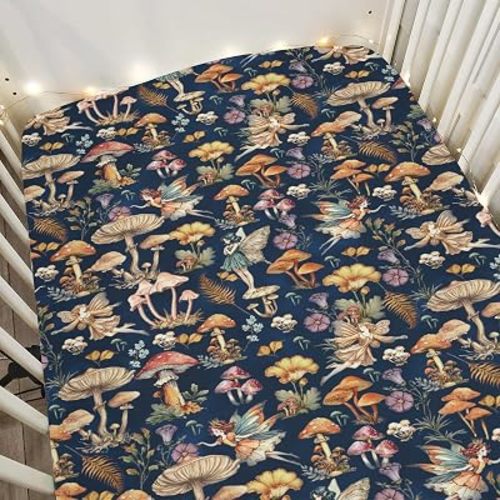 Dark Fairytale Mushroom Floral Baby Crib Sheets for Boy Girl 52"x28" Cute Fairies Flowers Leaves Soft Snug Fitted Crib Mattress Cover Gothic Plant Nature Bed Sheet for Standard Crib & Toddler Mattress