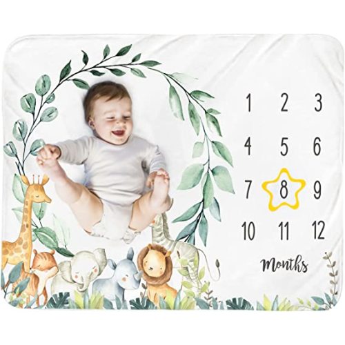 Baby Monthly Milestone Blanket Boy - Jungle Animals Newborn Month Blanket Neutral Safari Personalized Shower Gift Eucalyptus Leaf Wreath Nursery Decor Photography Background Prop with Frame 51''x40''