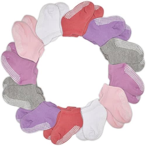 CozyWay Baby & Toddler Socks with Grippers Non Slip Ankle Grip Socks For Boys and Girls - Comfy Soft Cotton - 12 Pack