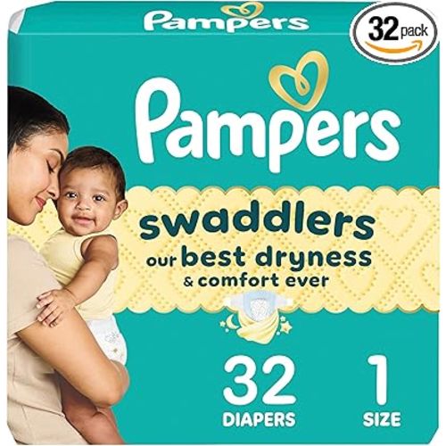 Pampers Swaddlers Diapers, Size 1 (8-14 lbs), 32 Count, Absorbent, Keeps Baby Dry and Comfortable, Skin Safe Disposable Baby Diaper (Packaging May Vary)
