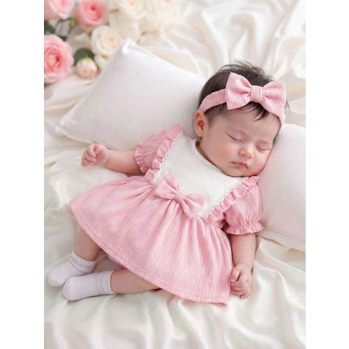 SHEIN Newborn Baby Girls' Sweet Princess Style Dress With Puff Sleeves, Bow Decor, Ruffle Trim, And Headband Set, Pink Pink Bow Baby Dress Pink Baby Dress Pink Ruffle Newborn Clothes Newborn Headband With Bow Baby Girl Dress With Headband Baby Girl Pink D