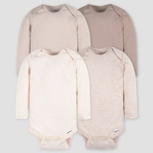 Gerber Baby 4pk Long Sleeve Onesies - Brown 24M: Cotton Knit Bodysuits, Pullover Crotch Snap, Crew Neck