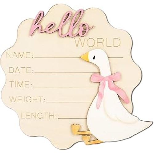 Silly Goose Birth Announcement Sign Pink Bow Goose Newborn Milestone Wooden Board Hello World Newborn Sign for First Birthday Baby Shower Photo Prop Keepsake