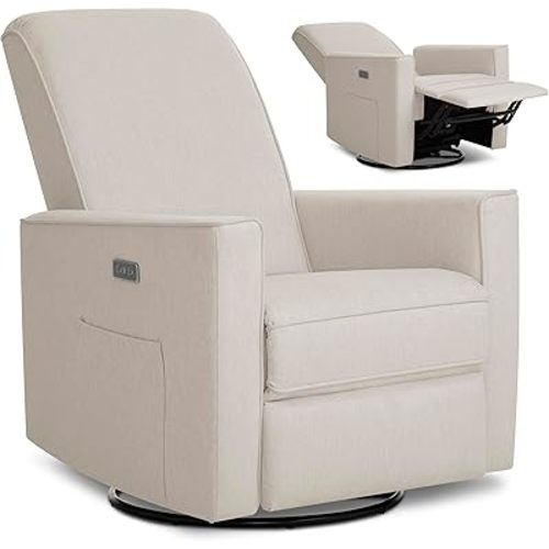 Evolur Harlow Upholstered Power Glider Recliner with USB Charging – Rocking & 275° Swivel with Smooth Glide – Greenguard Gold & FSC Certified – Modern Nursery and Living Room Chair in Tan