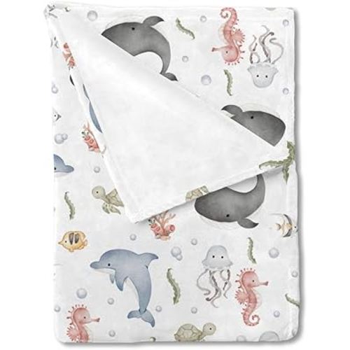 Boho Sea Animals Baby Blanket for Boy Girl Whale Dolphin Jellyfish Sea Horse Turtle Fish Coral Flannel Swaddle Blanket Soft Receiving Blankets Toddler Newborn Daycare Infant Bed Crib Blankets 30x40