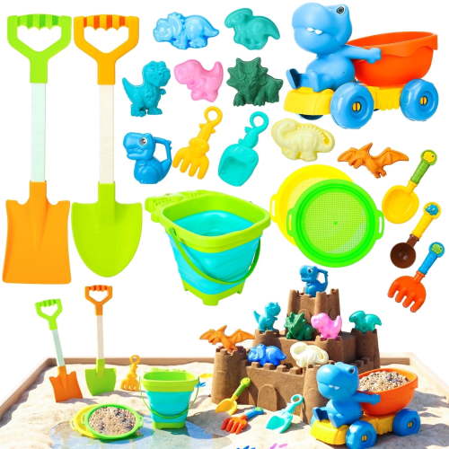 sixwipe 20 Pcs Beach Toy Set with Storage Bag & Dinosaur Toys, Plastic Sand Play Kit with Sifter Shovels and Folding Bucket, Sandbox Toys for Garden Pool Beach Fun