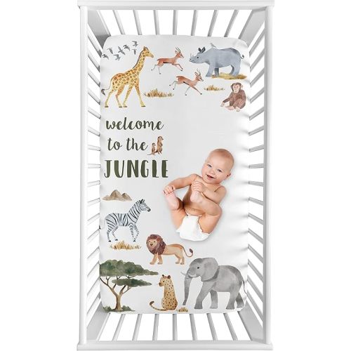 Sweet Jojo Designs Jungle Animals Boy Girl Fitted Crib Sheet Baby Toddler Nursery Photo Op Hunter Green Yellow Grey Orange Black White Gray Wildlife Safari Animal Elephant Giraffe Lion Monkey Leopard