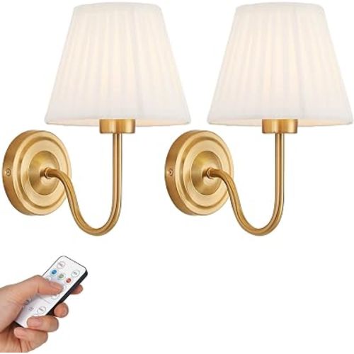 Gold Wireless Wall Sconce Set of 2, Battery Operated Wall Lights with Remote Control & 3 CCT Color Temperature Dimmable Magnetic Bulb, Rechargeable Wall Decor Lamp for Bedroom Living Room Hallway