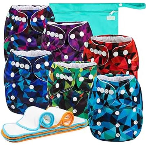 Wegreeco Cloth Diapers 6 Pack with Inserts & Wet Bag, Washable Reusable Diapers for Babies, One Size Adjustable (Abstract Geometrical)