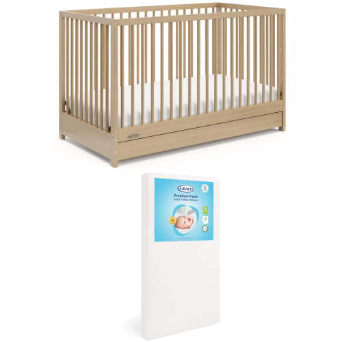 Graco Teddi 5-in-1 Convertible Crib with Drawer and Premium Crib & Toddler Mattress Bundle, Driftwood