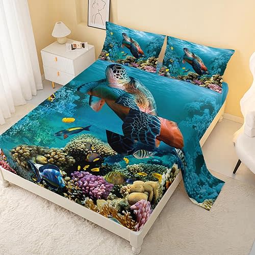 CVHOUSE Sea Turtle Fitted Sheet,Ocean Bed Sheet Set Twin Size,Turtle Bedding Set for Boys Kids Girls,1 Flat Sheet & 1 Fitted Sheet with 2 Pillow Cases - 4 Piece