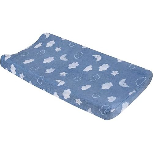 NoJo Carter's Blue Elephant - Chambray, and White Clouds, Moon and Stars Super Soft Contoured Changing Pad Cover