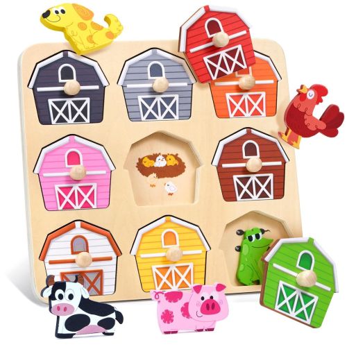 JoyCat Wooden Puzzles for Toddlers 1-3, Montessori Toys for 1 2 Year Old Boy Girl Birthday Easter Gifts, Dinosaur Match Farm Peg Puzzles, Preschool Learning Toys for Toddlers Age 1-2