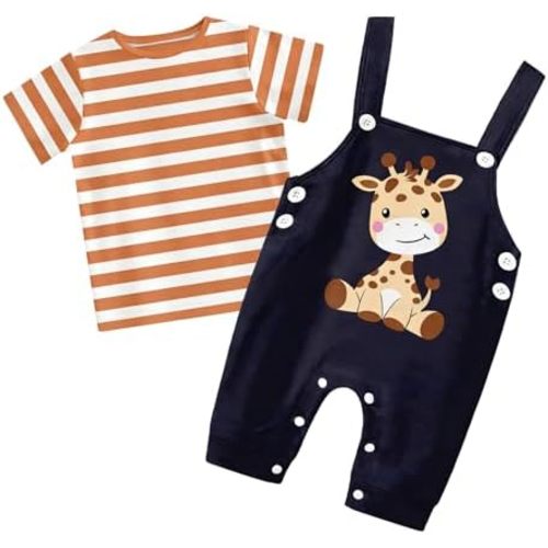 Baby Boys Clothes Set Summer Newborn Animal Outfits 2pcs Short Sleeve Striped Top + Short Overalls