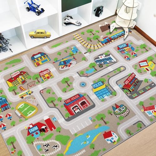Capslpad Kids Rug Educational Play Rug 6.6' x 5' Traffic Road Kids Play Car Mat Large Learning Game Area Rug Kid Carpet for Playroom Living Room Nursery Room Decor, Tan