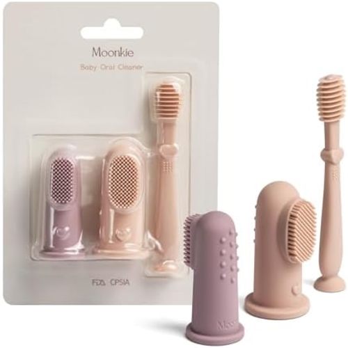 Moonkie Baby Finger Toothbrush Tongue Oral Cleaner Kit for 3 Months +, 3 Pcs (Blush/Pale Mauve/Blush)