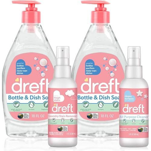 DREFT Bottle and Dish Soap Baby Gift Set - Bonus Travel Size Dreft All Purpose Cleaner & Stain Remover - Made to Clean Baby Essentials - Plant Based Ingredients, Fragrance Free Formula - 4 Piece Set