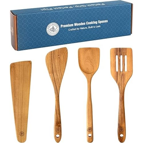 Wooden Kitchen Utensil Set of 4, Natural Wood Spoons and Spatulas, Non Toxic Eco Friendly Durable Wooden Turner and Spatula Set for Cooking. Perfect kitchen cooking utensils.