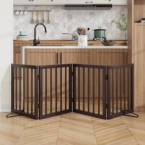 Wooden Dog Gate Freestanding Foldable 4 Panel Pet Gates Extra Wide Dog Gates for Indoor Doorways Stairs 24in Height Support Feet Included