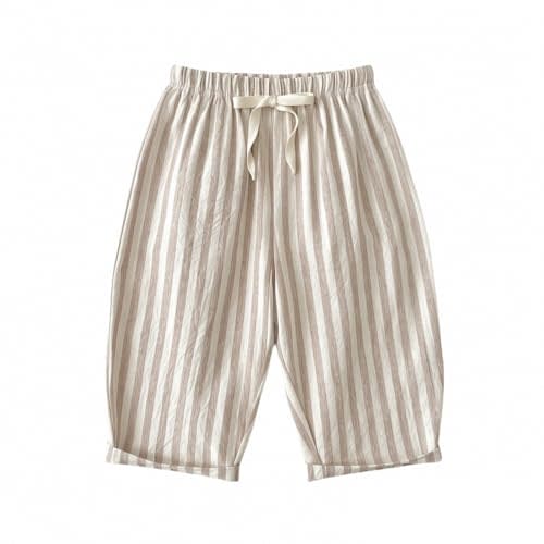 Toddler Boys Cute Striped Pants Baby Girls Baggy Cotton Linen Sweatpants with Drawstring Summer Elastic Waist Barrel