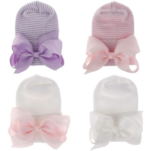 Newborn Hospital Hat Baby Girls Cap with Bow 4 Pack Ribbon Bow 0-3 Month