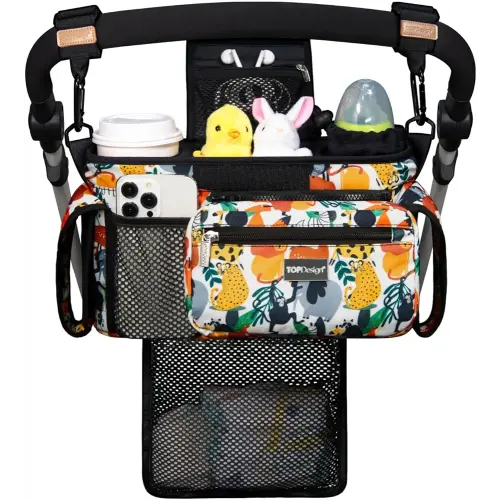 TOPDesign Universal Baby Stroller Organizer, Stroller Caddy with Detachable Mesh Bag & Heightened Insulated Cup Holders & Non-Slip Secure Hooks Accessories, Fits Most Strollers (Zoo)