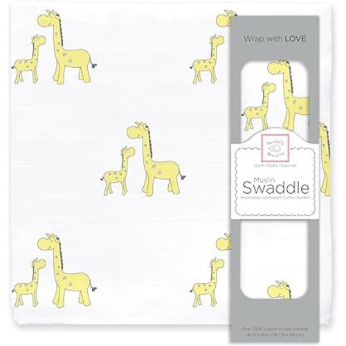SwaddleDesigns Cotton Muslin Swaddle Blanket, Receiving Blanket for Baby Boys & Girls, Best Registry Gift, 46x46 inches, Little Giraffes, Yellow