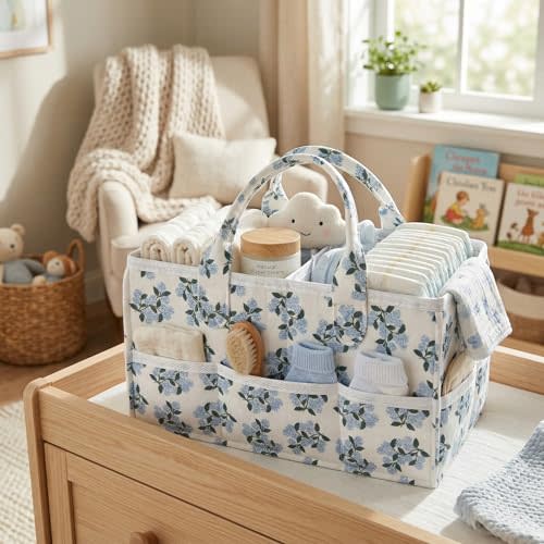 Floral Diaper Caddy Organizer with Removable Dividers Blue Flower Baby Nappy Caddy for Nursery/Car/Changing Table, Decorative Storage for Newborn Essentials Gift for New Mom