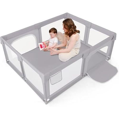 Costzon Large Baby Playpen, 75" x 59" Toddler Activity Center w/Zippered Doors, Mesh Storage Bag, Indoor Outdoor Baby Play Yard Fence for 0-3 Years Old Infants & Toddlers (Gray)