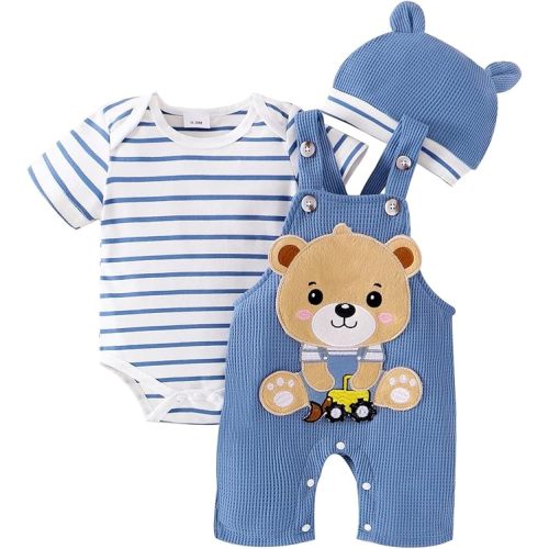 FOCUTEBB Baby Boy Clothes Short Sleeved Cute Cartoon Romper + Shorts + Hat Overalls Suspender for Boys 3 Pcs 0-18 Months