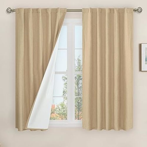 LAMIT Natural 100% Blackout Linen Curtains, 45 Inches Linen Textured Thermal Bedroom Curtains Back Tab and Rod Pocket Neutral Panels with White Liner for Farmhouse, 2 Panels, 42 x 45 Inch, Burlap