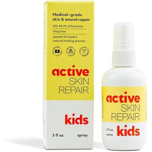 Active Skin Repair Kids First Aid Spray - Non-Toxic & Natural Kids Antiseptic Formula for Minor Cuts, Wounds, Scrapes, Rashes, Sunburns, and Other Skin Irritations (3oz Spray)